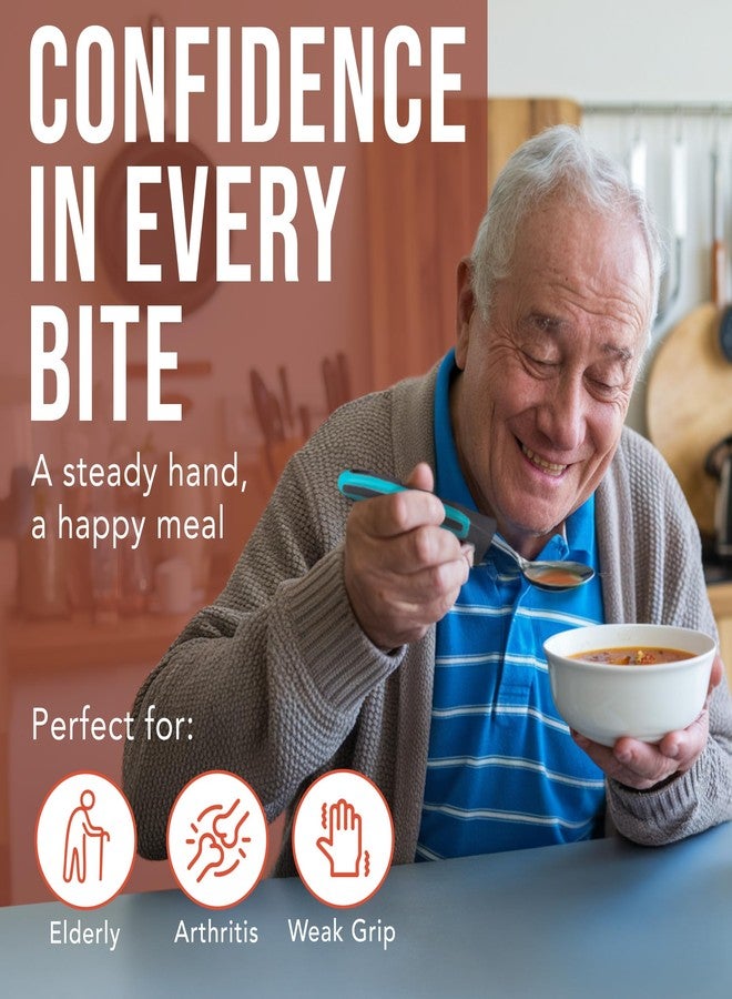 BUNMO Adaptive Utensils for Elderly, Arthritis, Weak Hand Grip, Tremors & Handicapped - Convenient Travel Pouch - 3.35oz Lightweight - Stainless Steel - Eat Independently - Adaptive Blue 4 Piece Set - Image 2